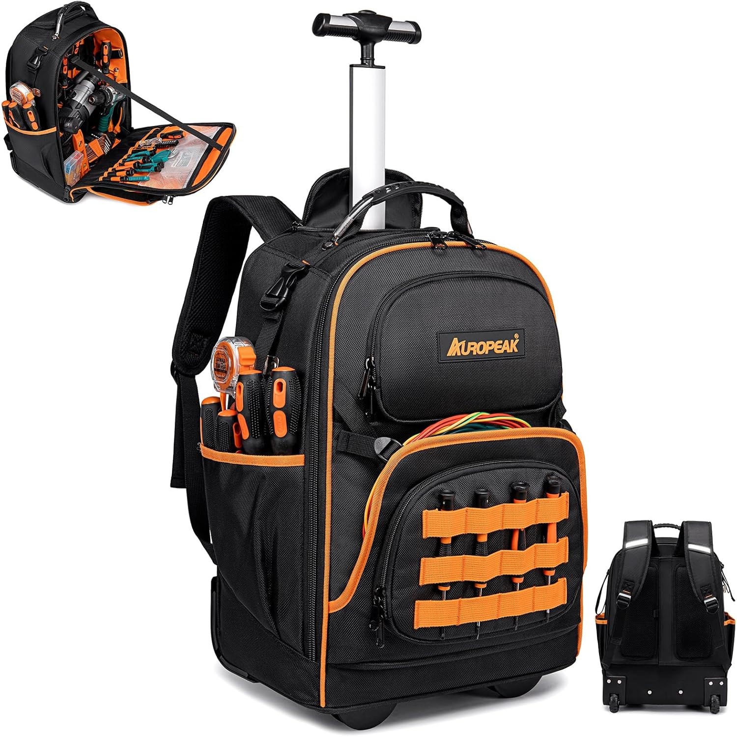 AUROPEAK 2-In-1 Rolling Tool Backpack, Heavy Duty, 47 Pockets, 1680 D, w/ Wheels