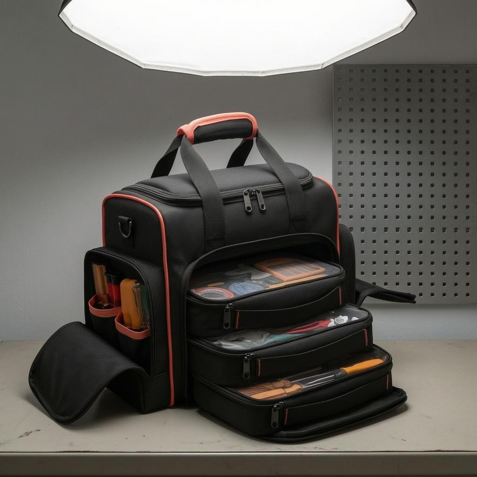 Electrician Tool Bag Tangerine-Accented Three-Piece for Work Location