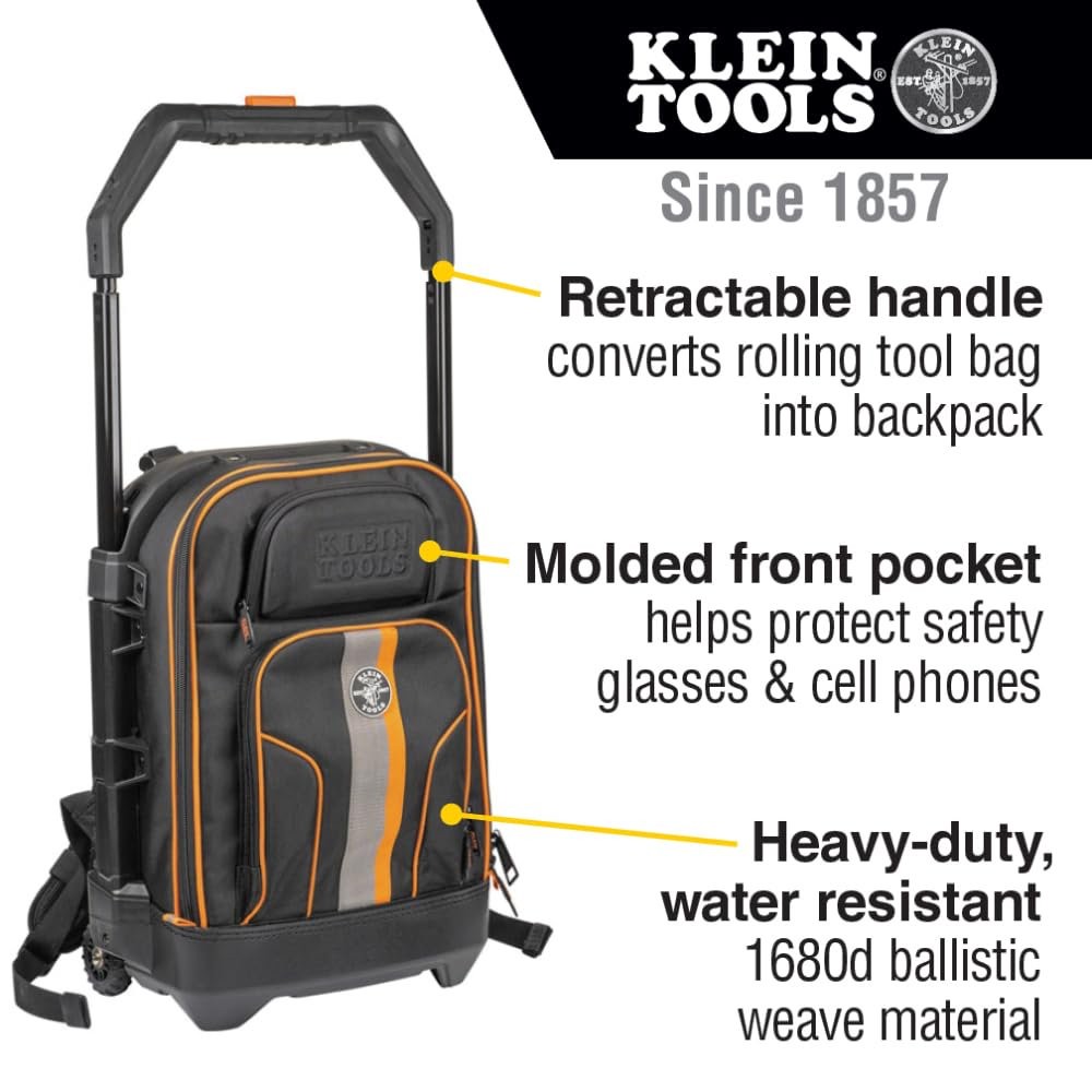 Klein Tools 55604 Rolling Tool Backpack, Tool Bag with 28 Pockets, Heavy Duty…
