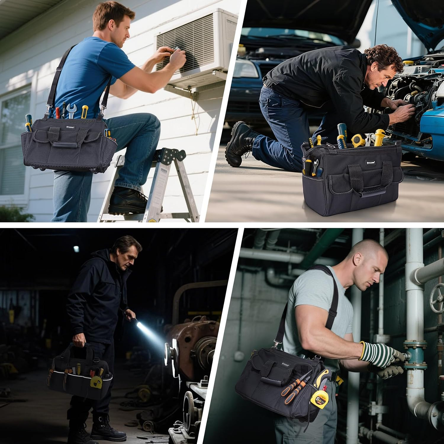 TICONN 16In Tool Bag with Waterproof Soft Bottom, Multi-Pockets Wide Mouth Tool