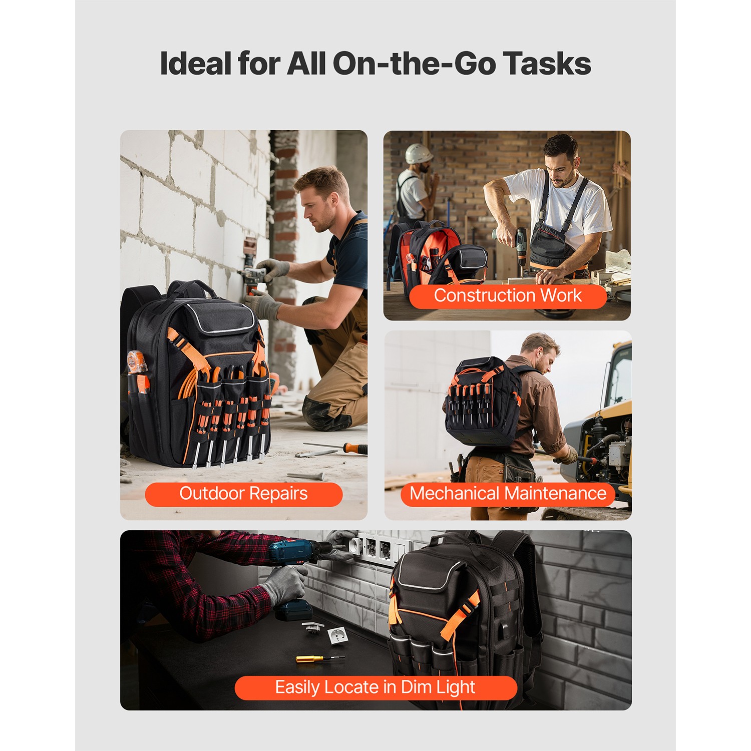 Tool Backpack, 45 Pockets, Heavy-duty Tools Storage Organizer Work Bags Laptop