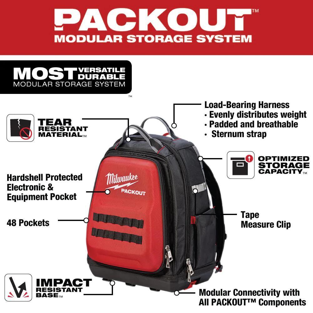 milwaukee packout backpack 15 in. 3-pack zipper tool bags storage nylon red