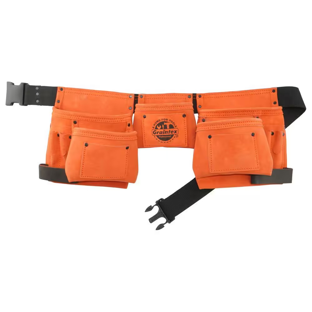 11-Pocket Suede Leather Orange Tool Apron with 2 Hammer Loops