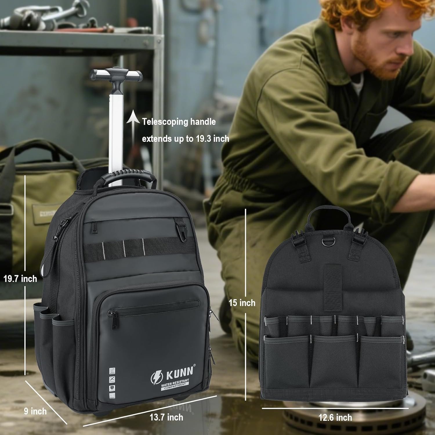 Waterproof Heavy Duty Rolling Tool Backpack with 47 Pockets – Black