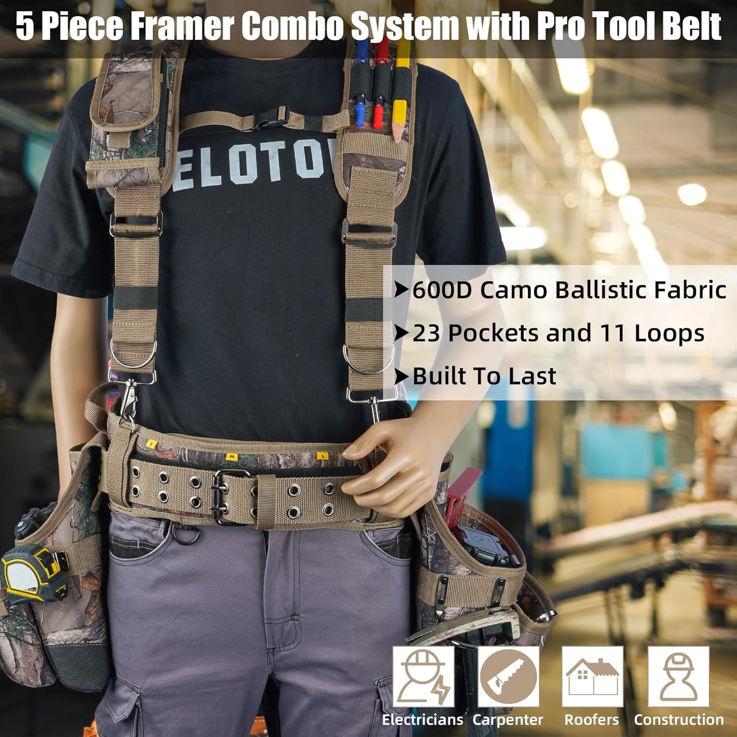 Camo Tool Belt with Suspenders, Heavy Duty Carpenter Tool Pouch