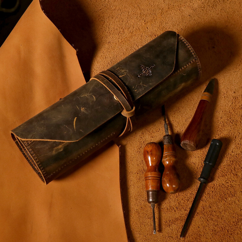 TOURBON Vintage Leather Roll Craft Tool Organizer Workshop Knife Carrier Bag