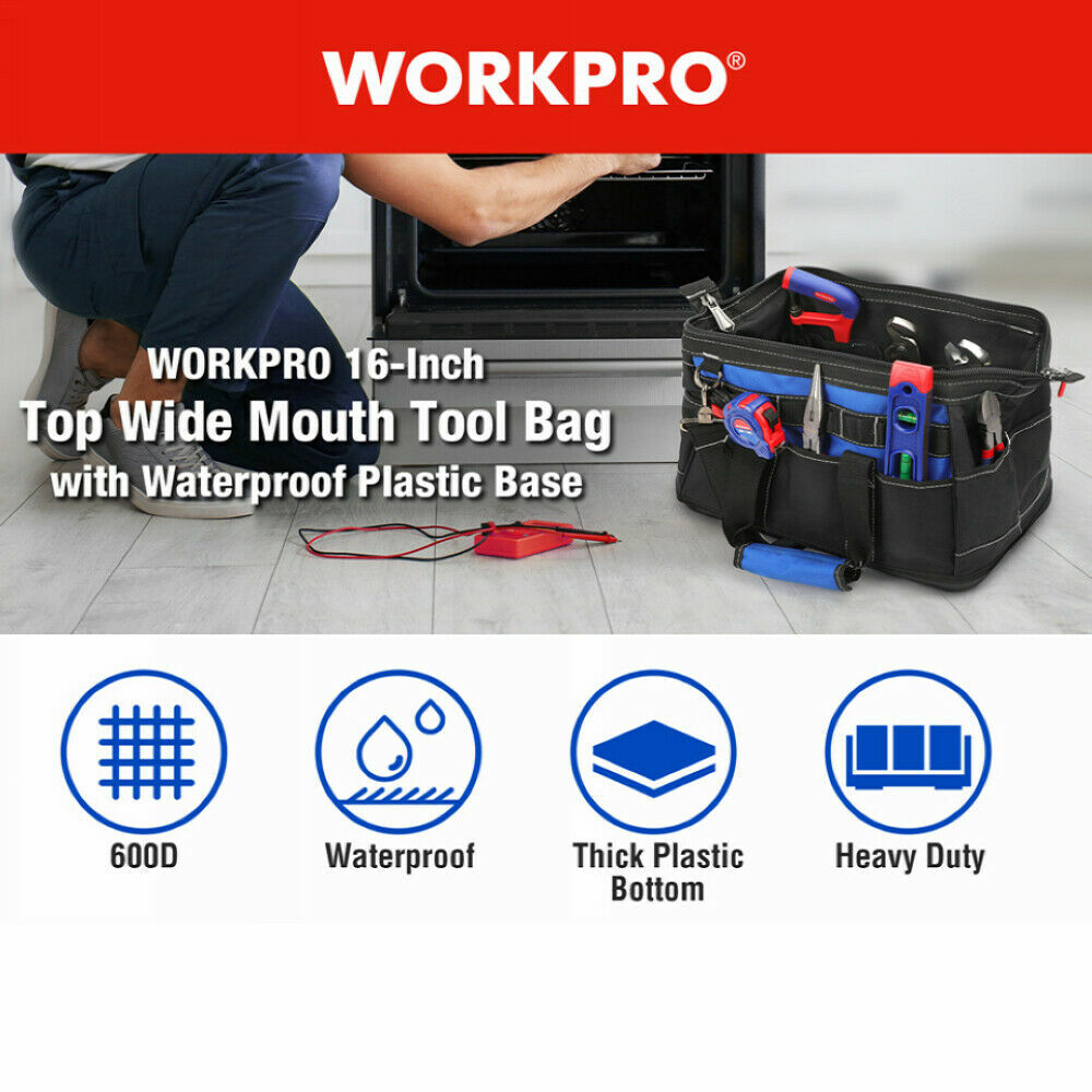 WORKPRO 16”/18″ Durable Tool Bag Wide Mouth Waterproof Heavy Duty Tool Storage