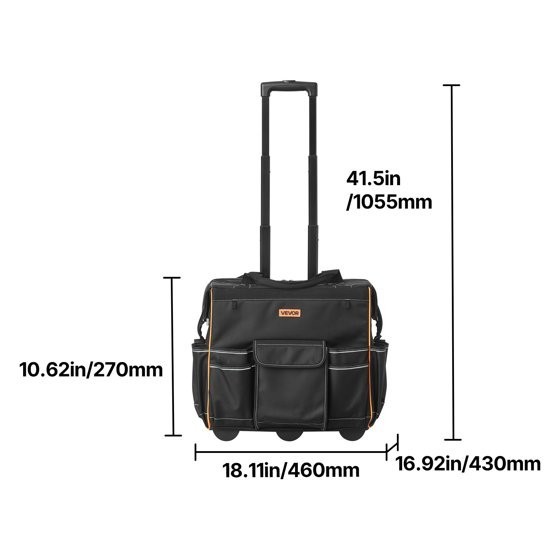 Rolling Tool Bag 18in Heavy Duty Wheeled Organizer Telescoping Handle 25 Pockets