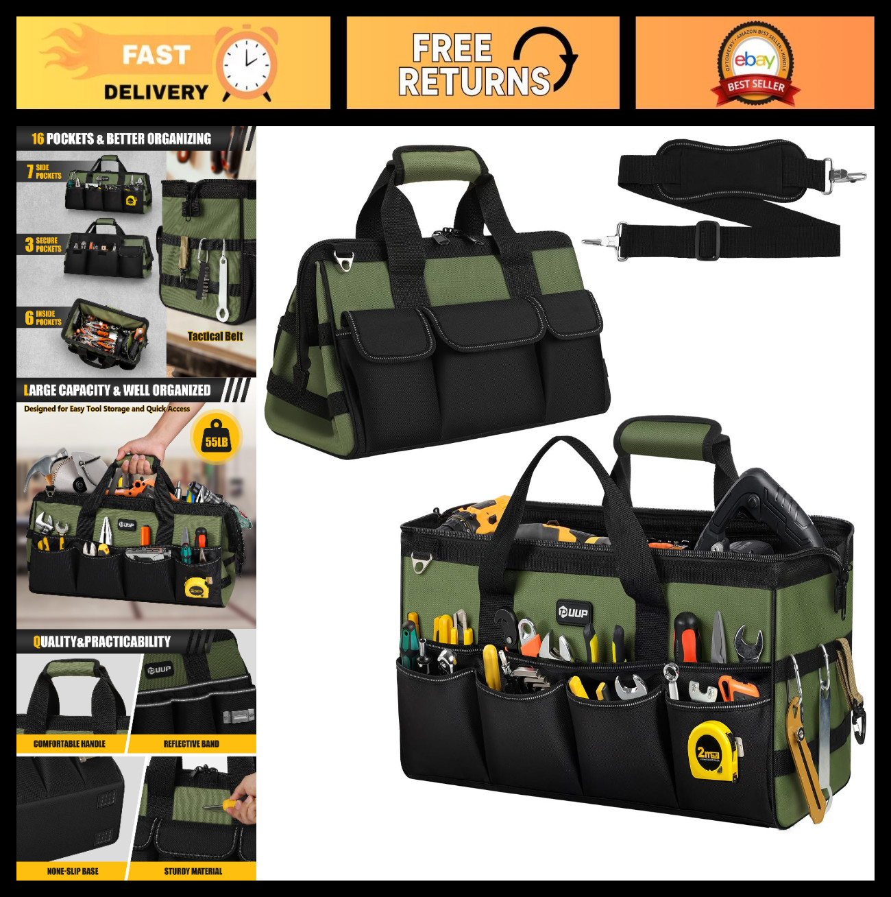 Extra Large 20″ Heavy Duty Tool Bag – 16 Pocket Organizer, Portable Storage, Zip