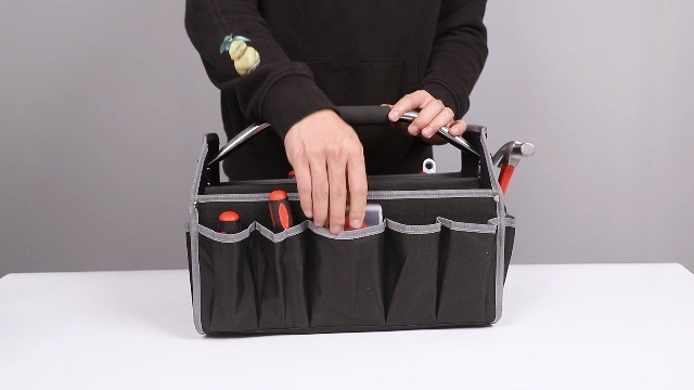 16″ Electrician Tool Bag – Open Top, 26 Pockets, Steel Handle, Removable Strap