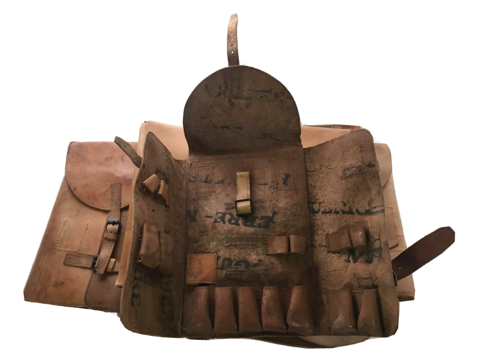 French Vintage WW2 Era Army Surplus Mens Leather Tool Bag Tool Roll Folding Bag
