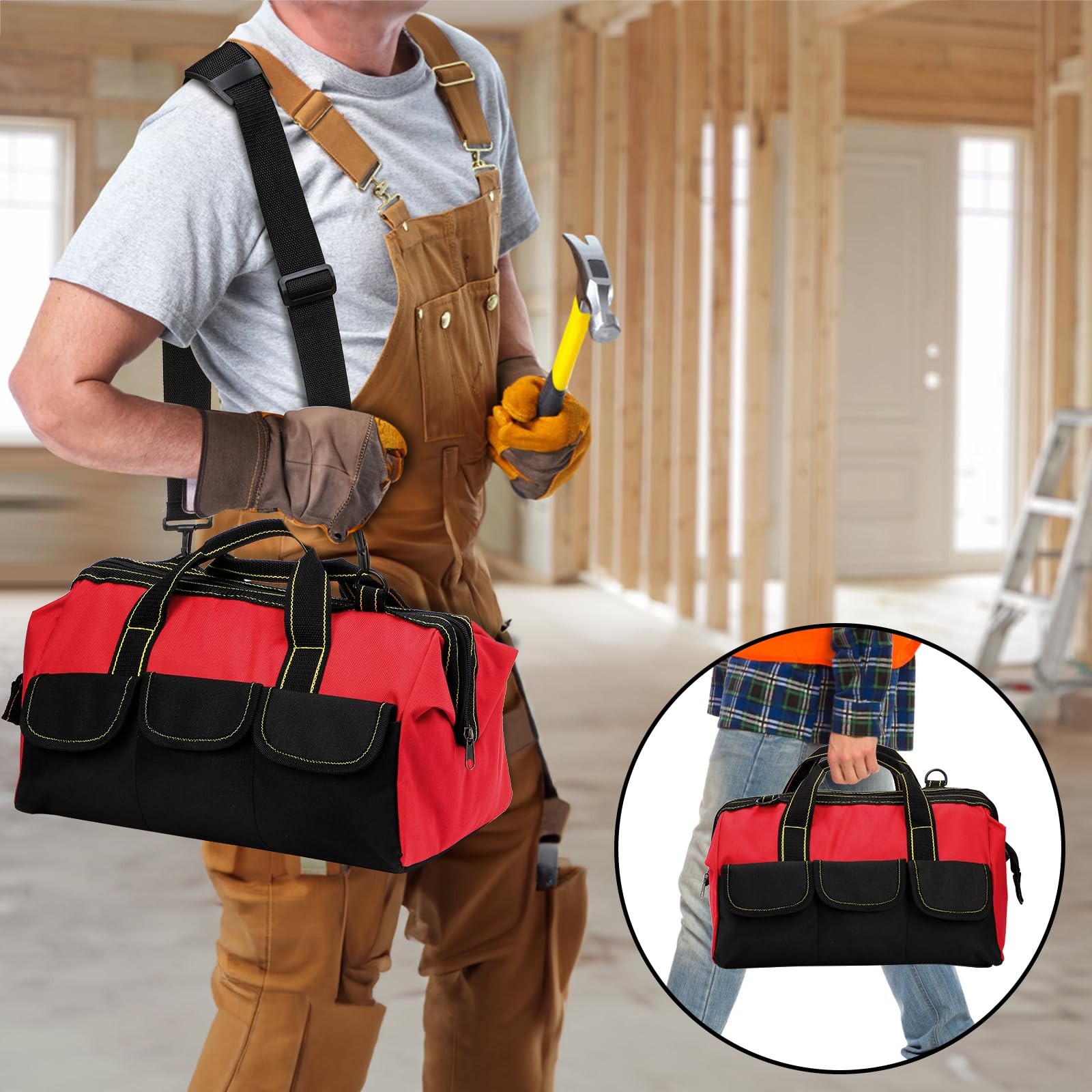 16 Inch Wide Mouth Tool Bag, Collapsible Tool Tote with Waterproof Coating an…