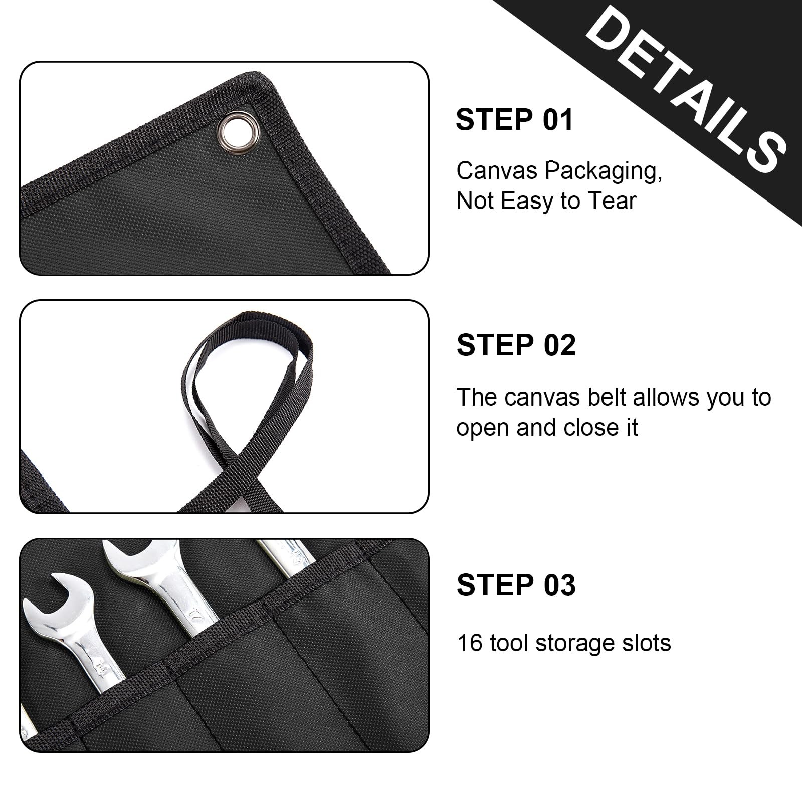 Wrench Organizer,Tool Roll Pouch – 16-Pocket Waterproof Oxford Cloth Black