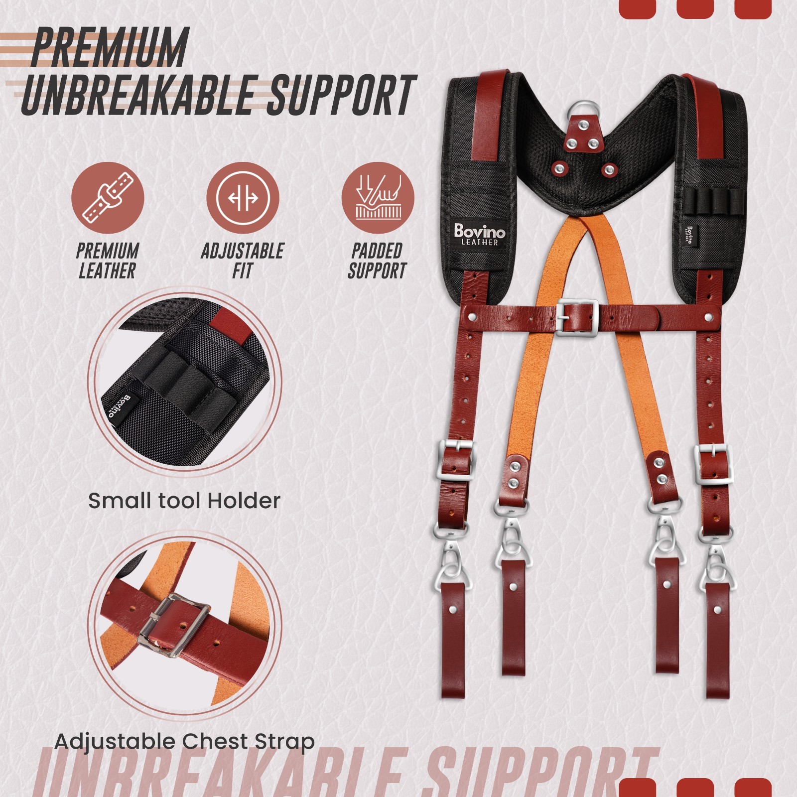Bovino Leather Tool Belt Suspender, Adjustable Padded Strap, Quick-Release Clips
