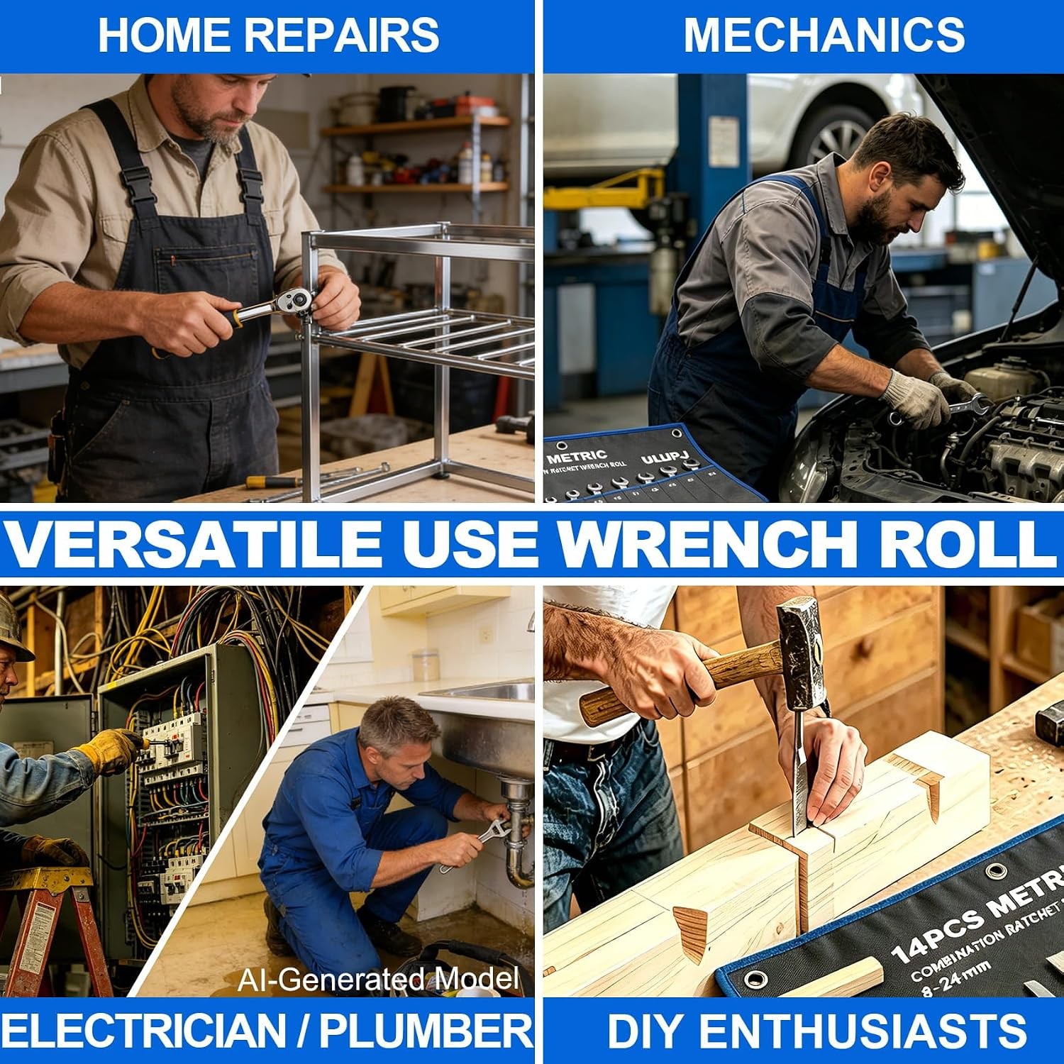 2PC Wrench Roll Up Pouch Tool Organizer 13 SAE 14 Metric 600D Oxford Storage Bag