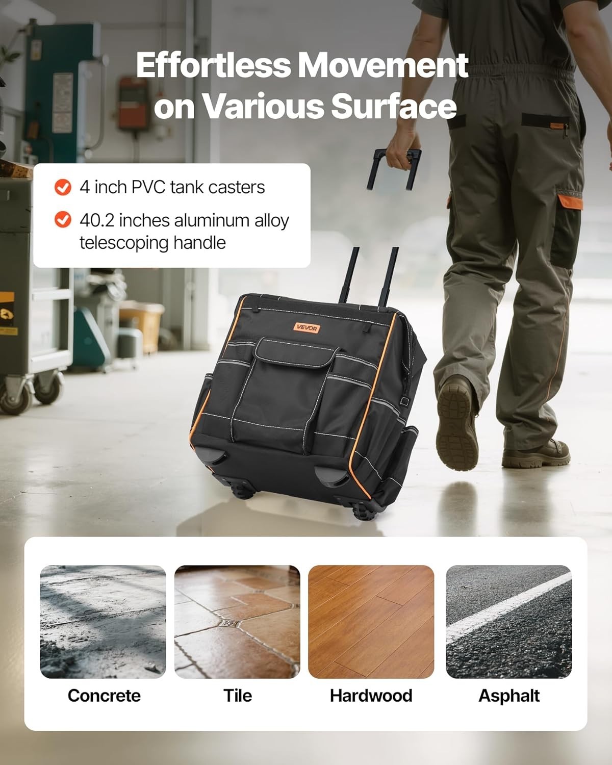 15-Inch Heavy Duty Rolling Tool Bag with 110 lbs Capacity & 25 Pockets