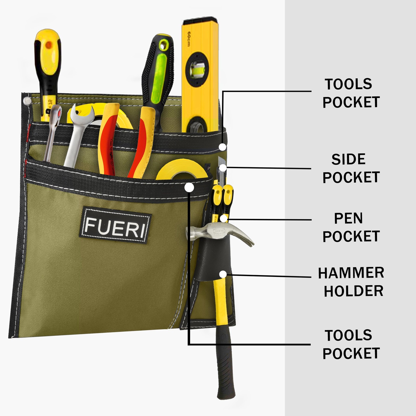 FUERI 5-Pocket Cordura Single-Side Tool Pouch with Belt, Adjustable, Beige