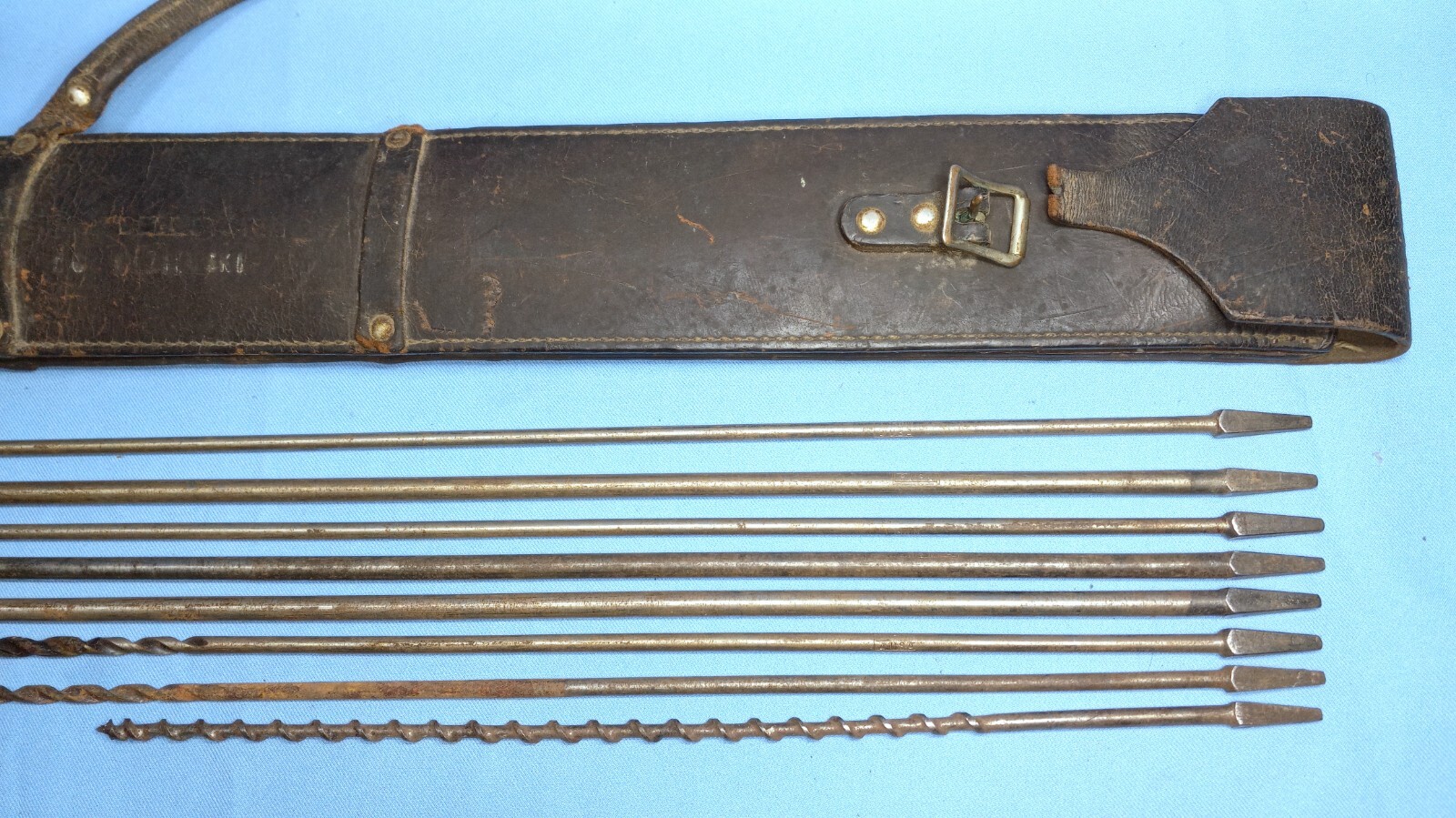 Vintage Bell System Lineman’s Leather Auger Drill 8 Bit Set Tool Case Pouch 30″