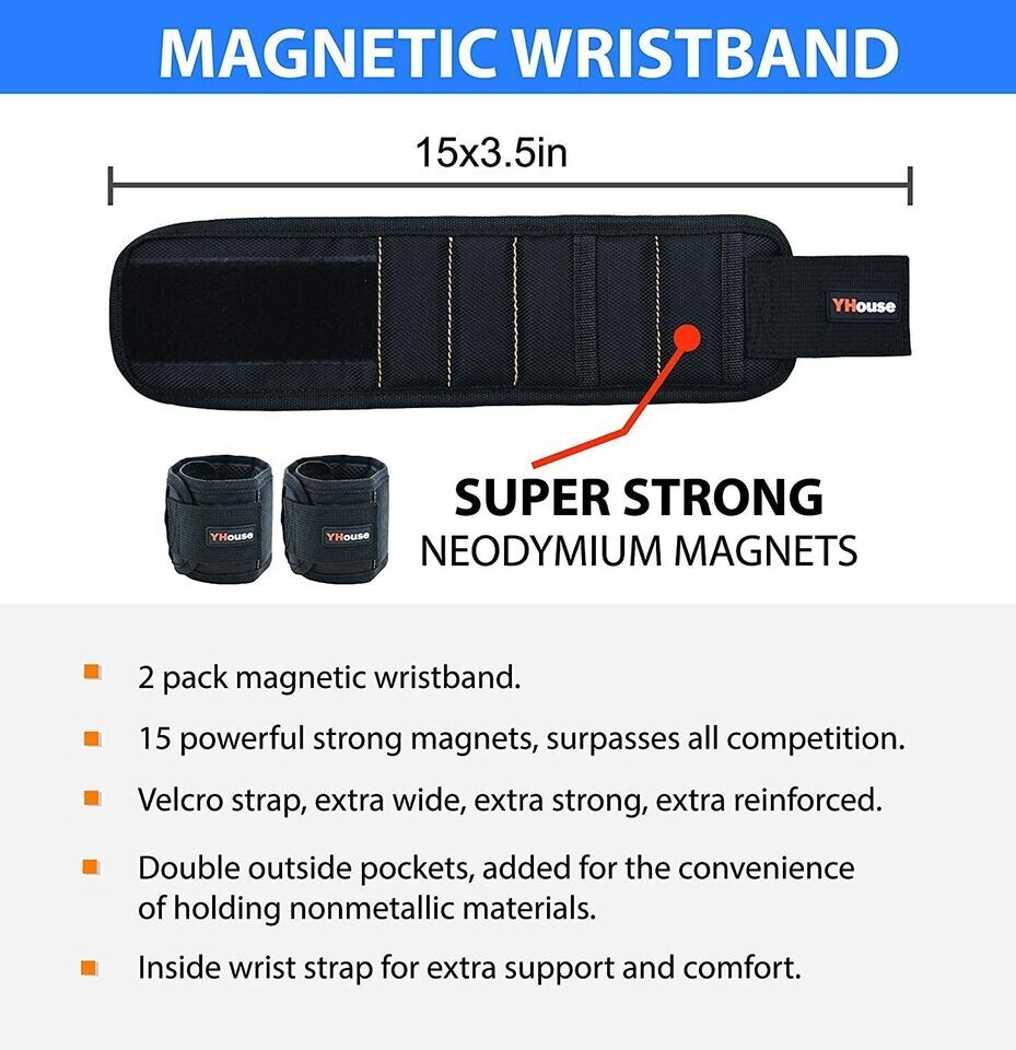 ( 2 PACK ) MAGNETIC WRISTBAND FOR NAILS , SCREWS, BOLTS / DOUBLE OUTSIDE POCKET