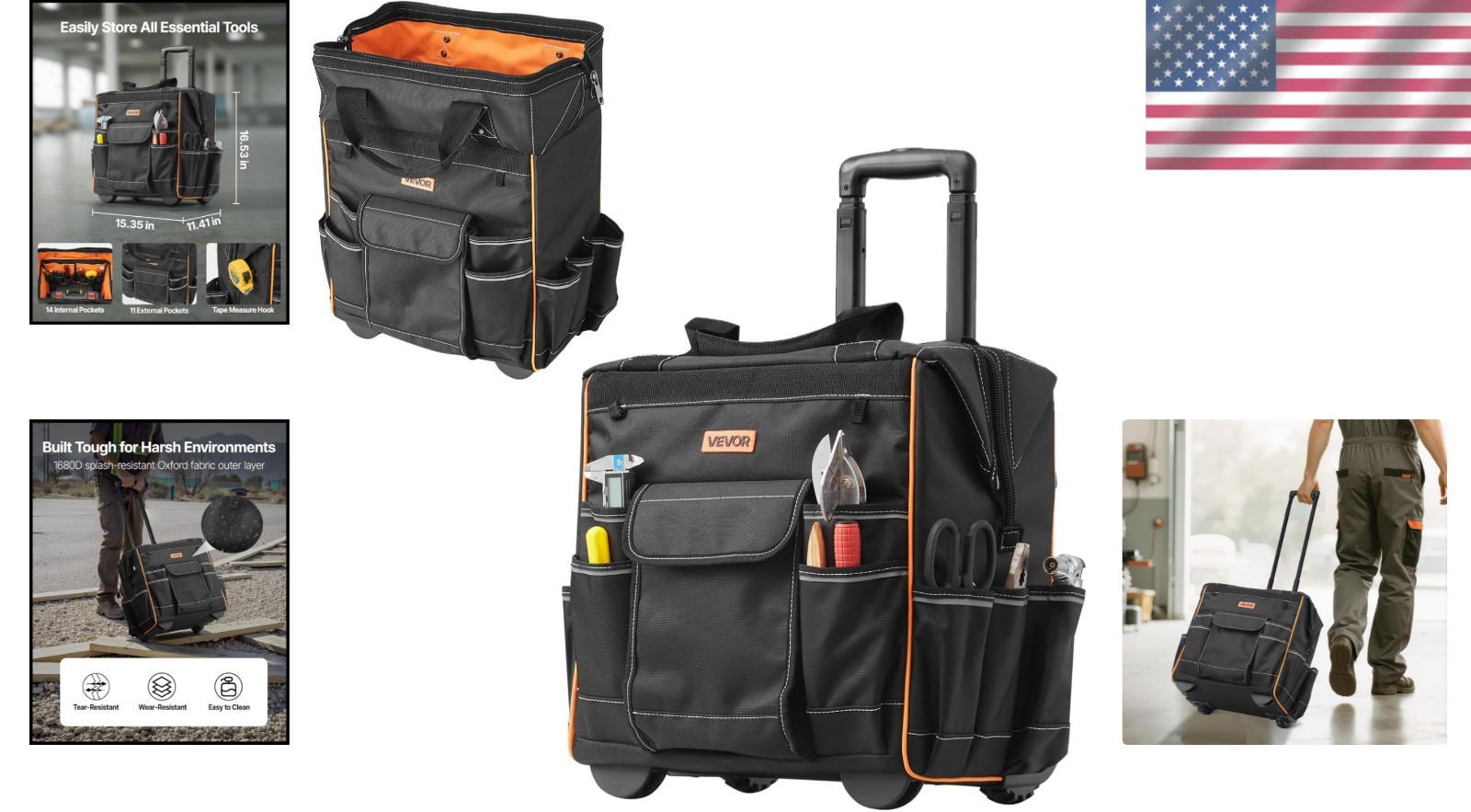 15-Inch Heavy Duty Rolling Tool Bag with 110 lbs Capacity & 25 Pockets
