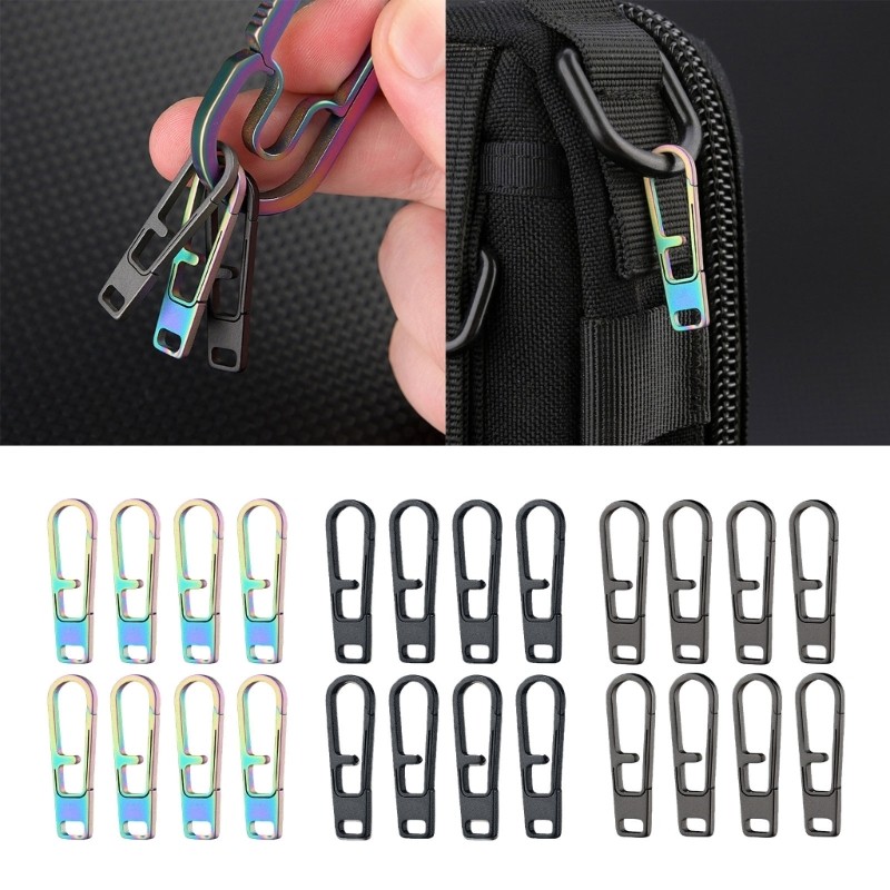 8Pcs Titaniums Alloy Zippers Puller Headers Spring Keychains Hanging Buckles