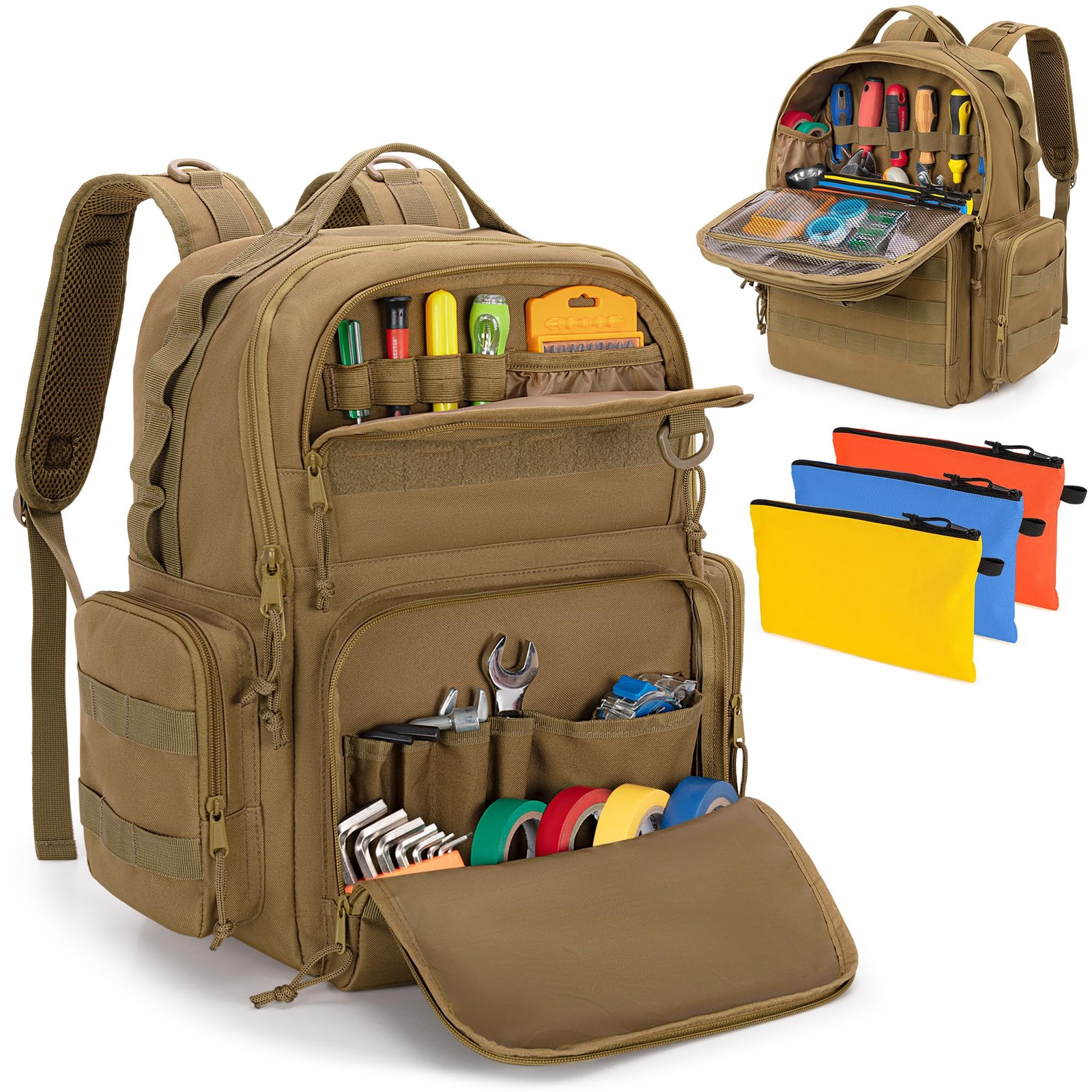 Tool Bag Backpack for Men with 3 Tool Pouches, Heavy-Duty Tool Storage Organi…