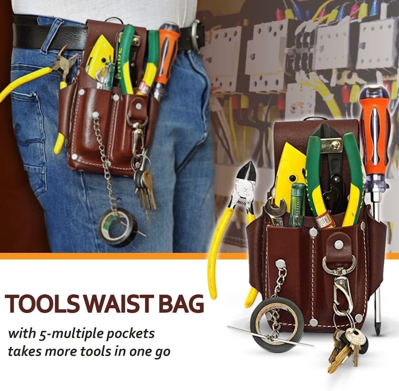 Electrician Pouch Leather Tool Pouch 5 Pocket Pouch with Electrical Tape Holder