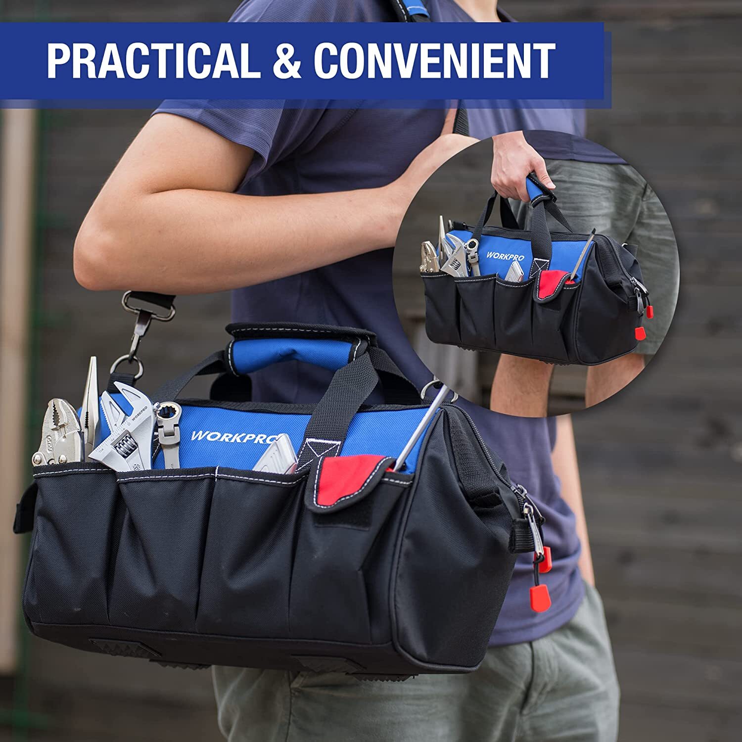 WORKPRO 14″ Tool Bag 13 Pockets Close Top Wide Open Mouth w/Adjustable Shoulder