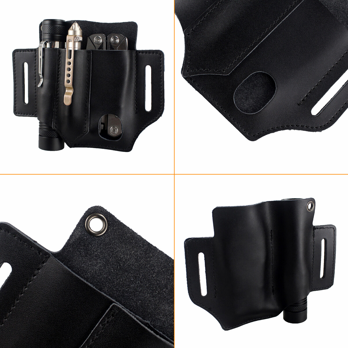 Tactical Tools Sheath Pouch 3 Pockets Leather Belt EDC Pocket Pen Knife Holder