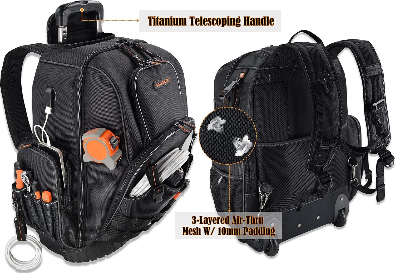 72Pockets Rolling Tool backpack, Large tool bag with wheels, Rolling Electrician