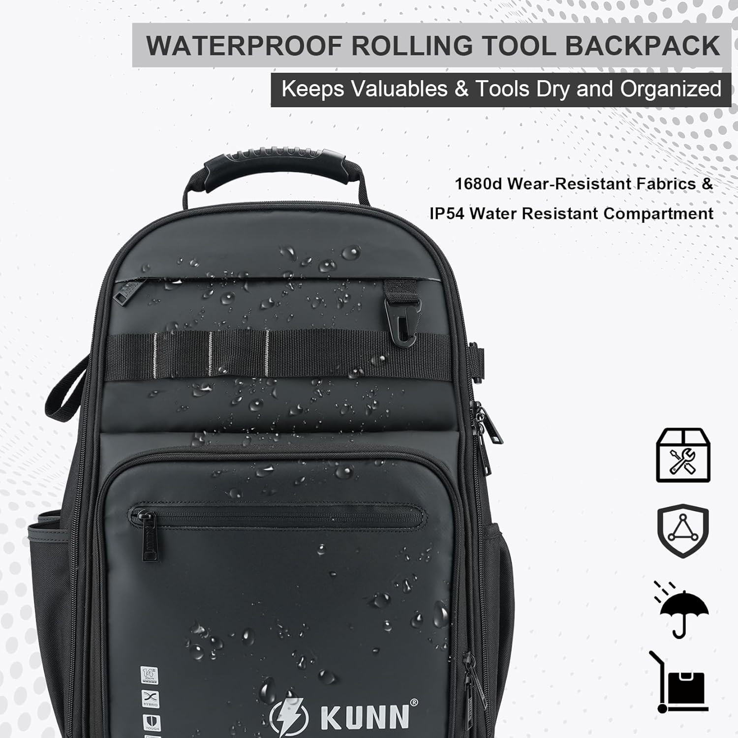 Waterproof Heavy Duty Rolling Tool Backpack with 47 Pockets – Black