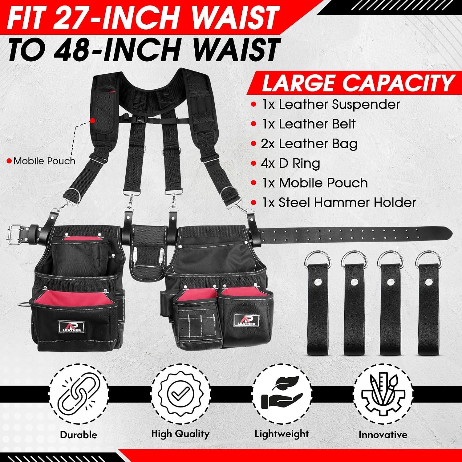 Tool Belt, 22 Pockets Tool Pouch with Suspenders for Men, Heavy Duty Adjustable