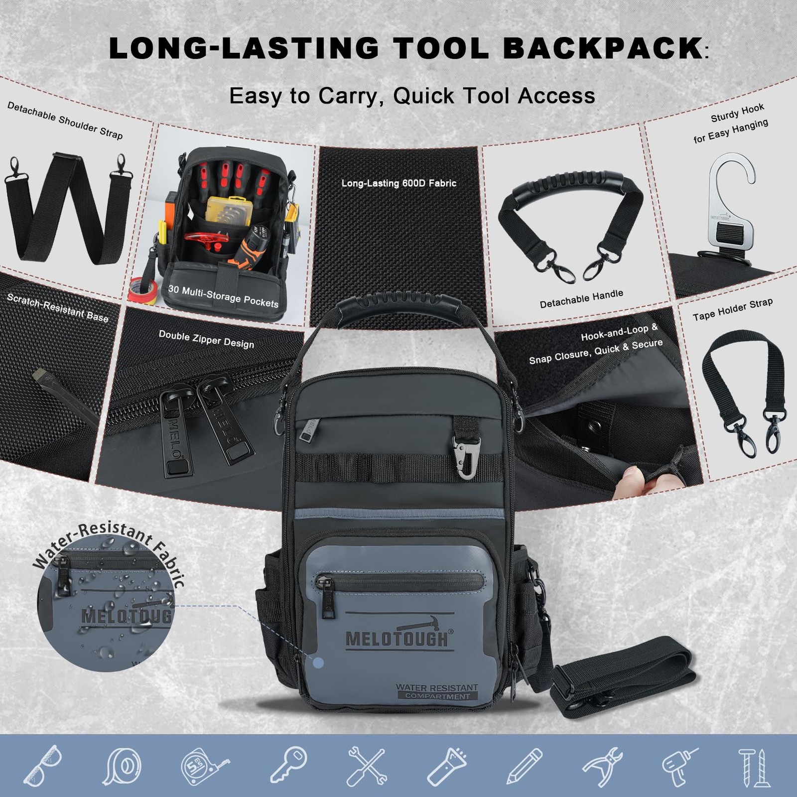 MELOTOUGH Small Tool Backpack for Men 30 11″L x 5.5″W x 13.6″H, Grey