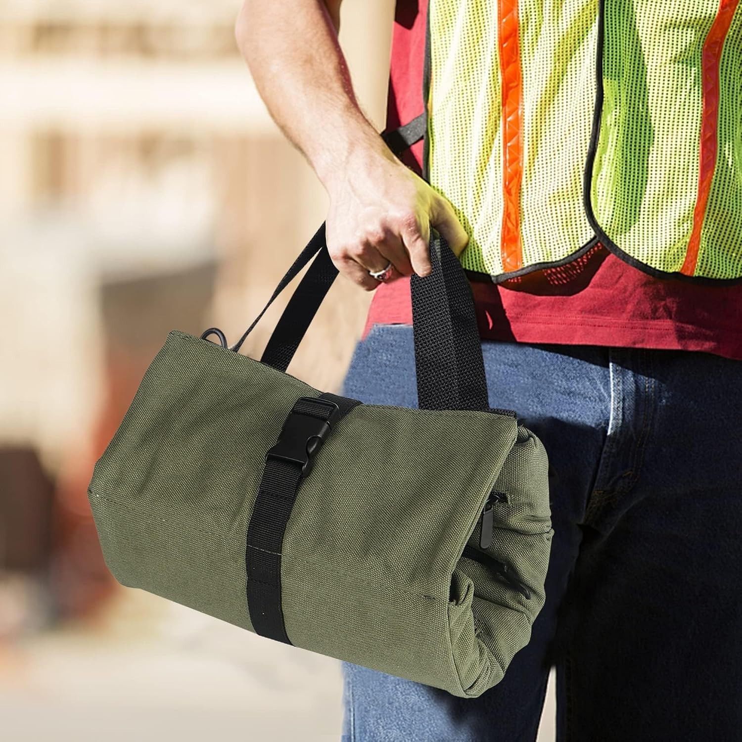 Functional Canvas Tool Roll Bag for Contractors with 5 Zippered Compartments