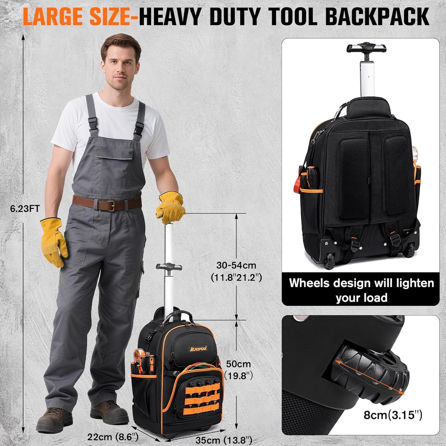 AUROPEAK 2-In-1 Rolling Tool Backpack, Heavy Duty, 47 Pockets, 1680 D, w/ Wheels