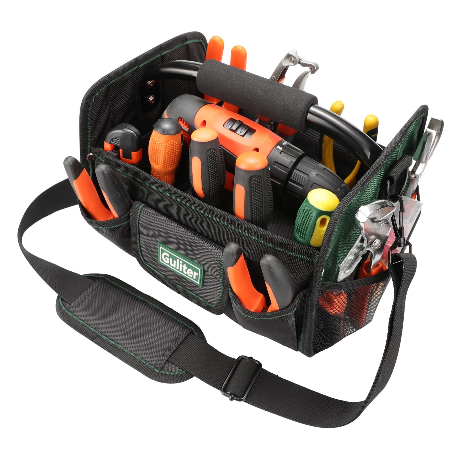 Guliter 11 Inch Small Tool Bag, Open Top Tote with Small, ‎Black&Green