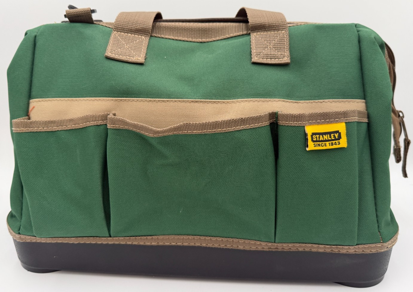 Stanley 16 inch Open Mouth Tool Bag W/ Shoulder Strap Green Hard Bottom Rare