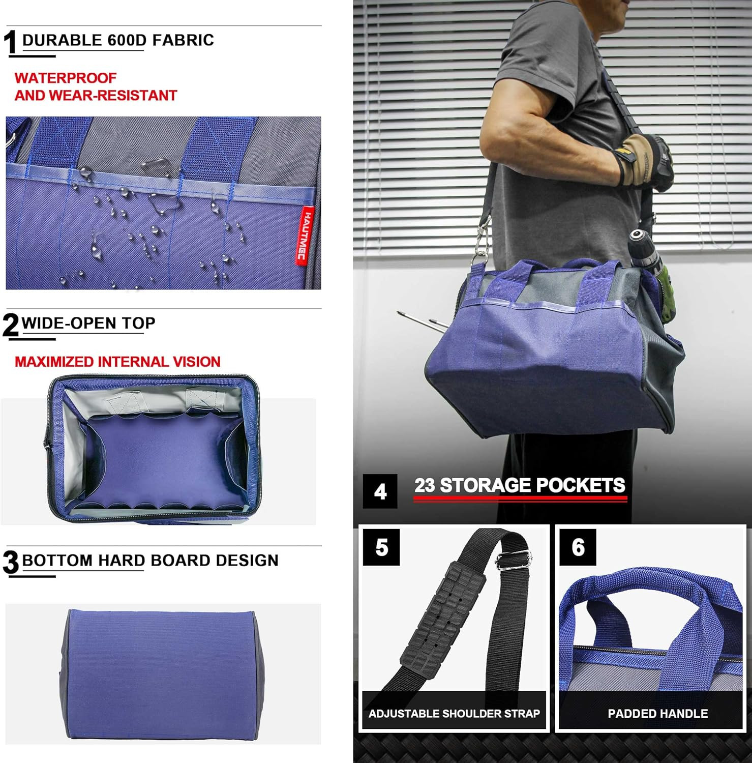 13″ Small Tool Bag, Wide Open Mouth Tool Organizer with 23 Pockets, Rigid Frame,