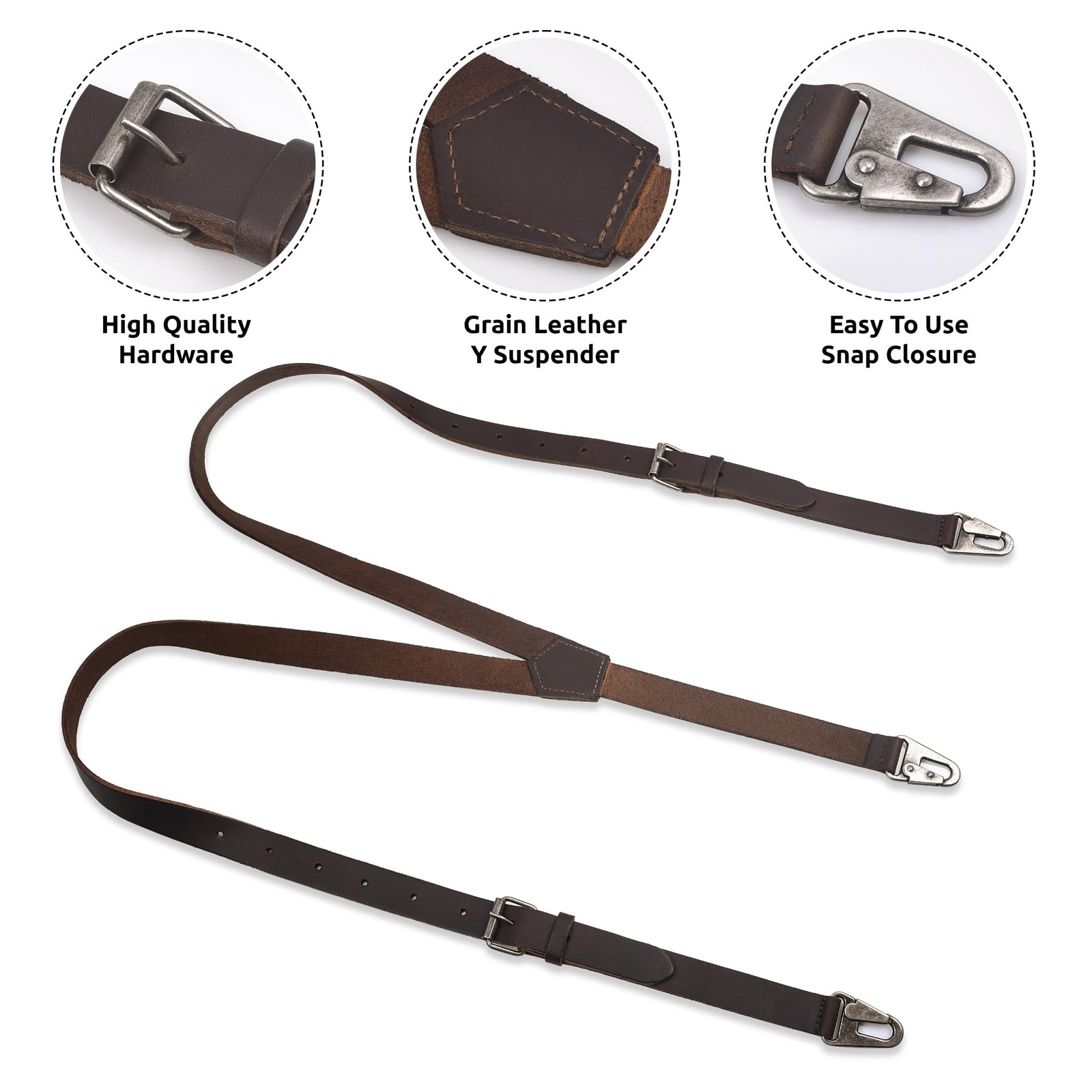 NUTUCH Grain Leather Suspender for Men | Y Adjustable, Dark Brown Vintage