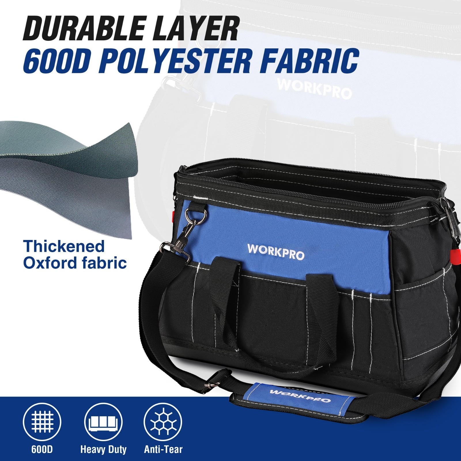 16″ Wide Mouth Tool Bag with Waterproof Base | Multi-Pocket, Heavy Duty, Adjusta