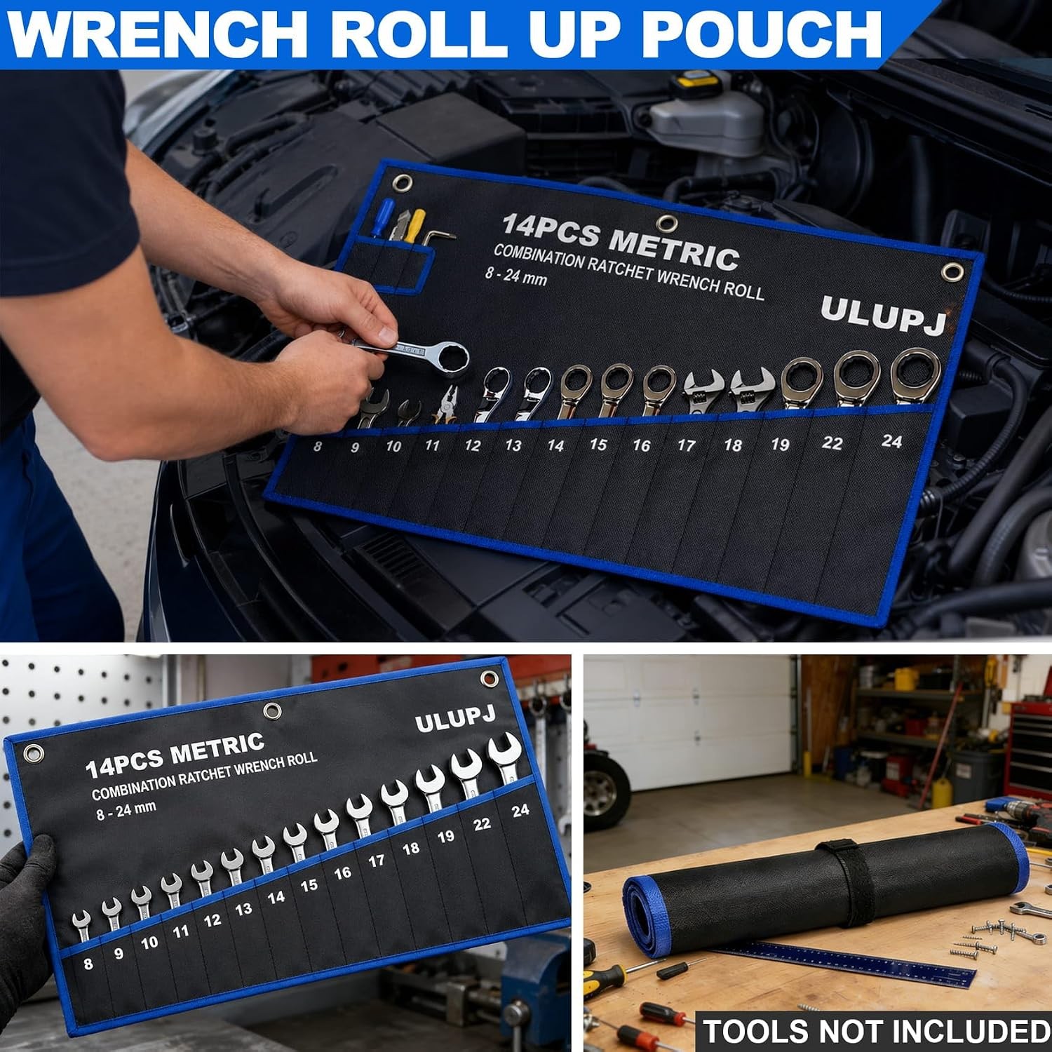 2PC Wrench Roll Up Pouch Tool Organizer 13 SAE 14 Metric 600D Oxford Storage Bag