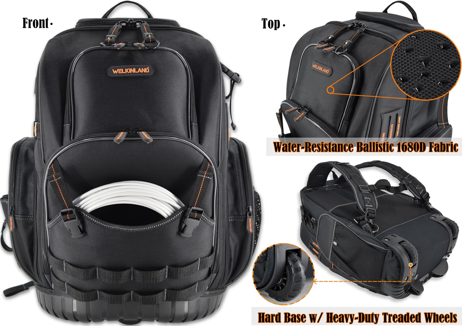 72Pockets Rolling Tool backpack, Large tool bag with wheels, Rolling Electrician