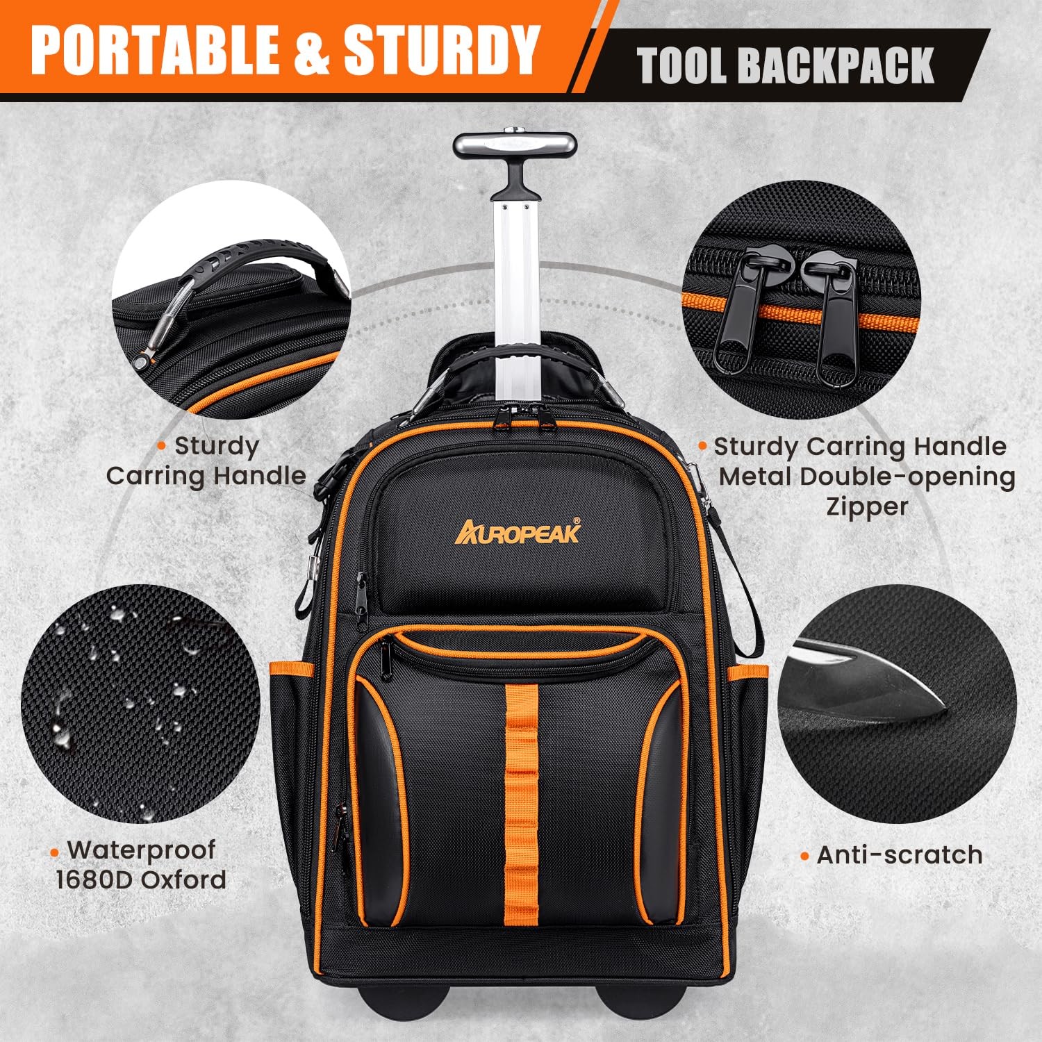 AUROPEAK 2-In-1 Rolling Tool Backpack Heavy Duty, 1.38″ Wheel, Black-orange