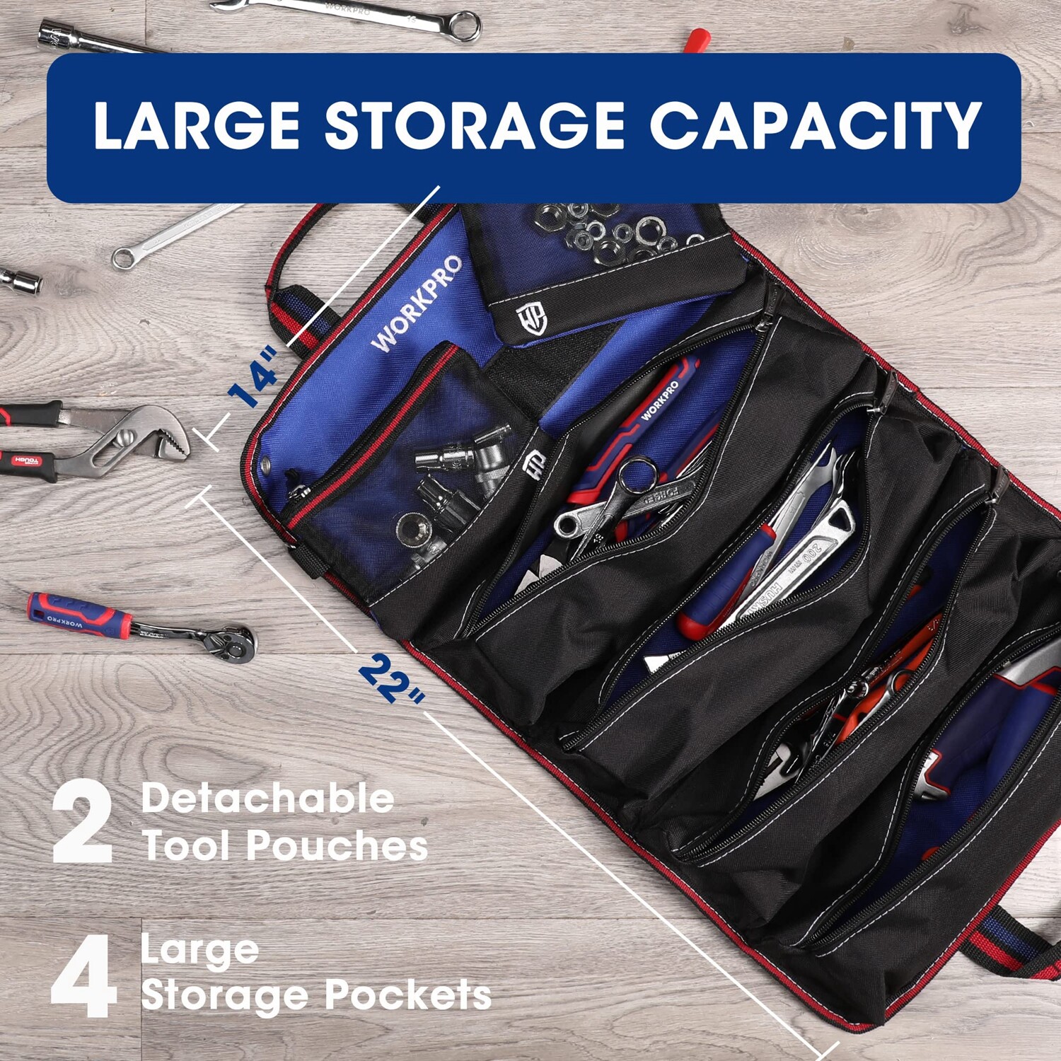 WORKPRO Heavy Duty Roll Up Tool Bag Tool Pouches Tool Bag Organizer W/ 6 Pockets