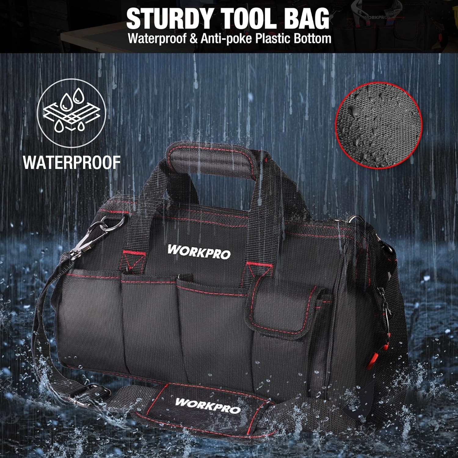 16-inch Wide Mouth Waterproof Tool Bag with Padded Handle & Adjustable Strap