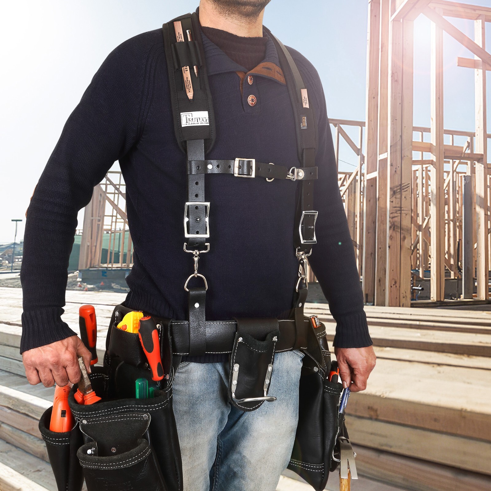 Trutuch Black Leather Work Suspender | Stronghold Suspension System | Framers