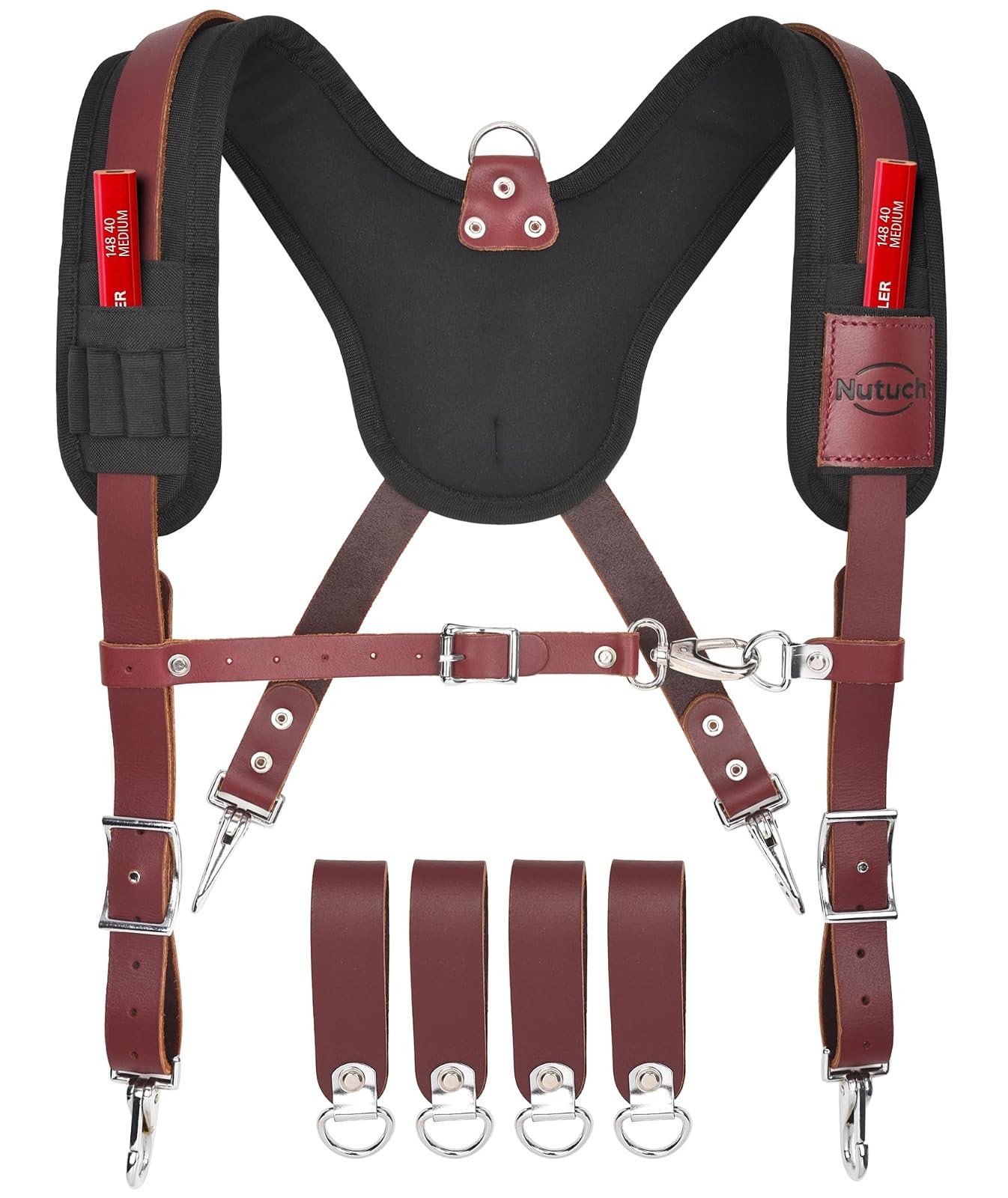 Leather Work Suspenders With Pockets Adjustable Padded