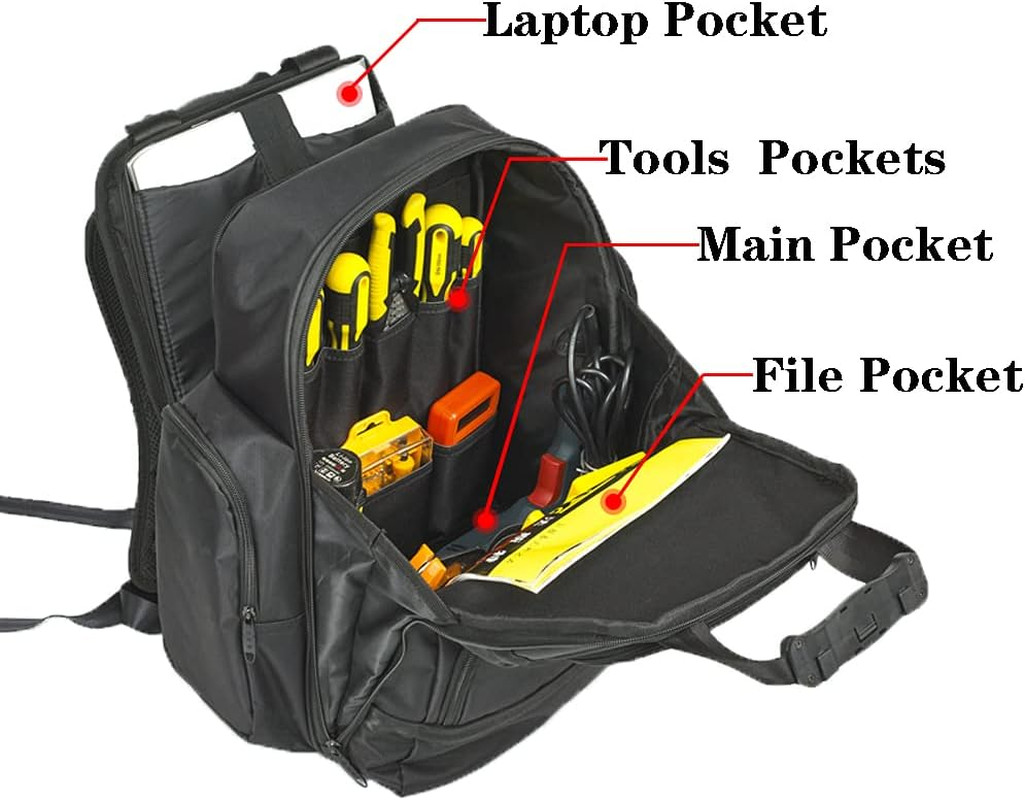 Heavy Duty Tool Backpack with Laptop Compartment for Professionals, Black