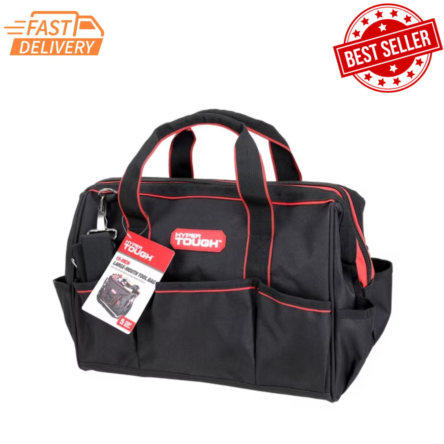 Hyper Tough 15″ Large Mouth Tool Bag Heavy Duty Wide Open Storage Organizer