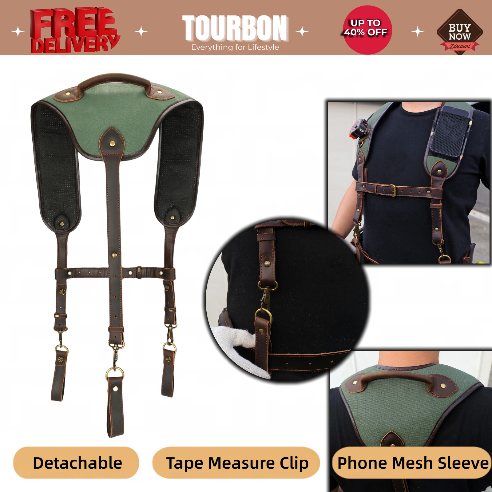 Tourbon Canvas Tool Belt Harness Suspender Carpenter Belt Contractor Holds Strap